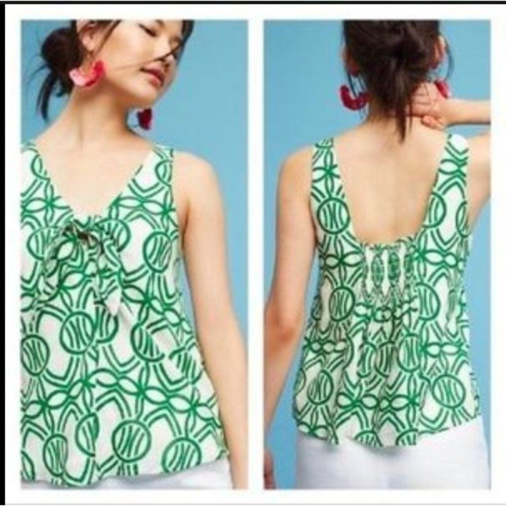 Anthropologie | Maeve Verena Green Geometric Print Tie Front Sleeveless Blouse